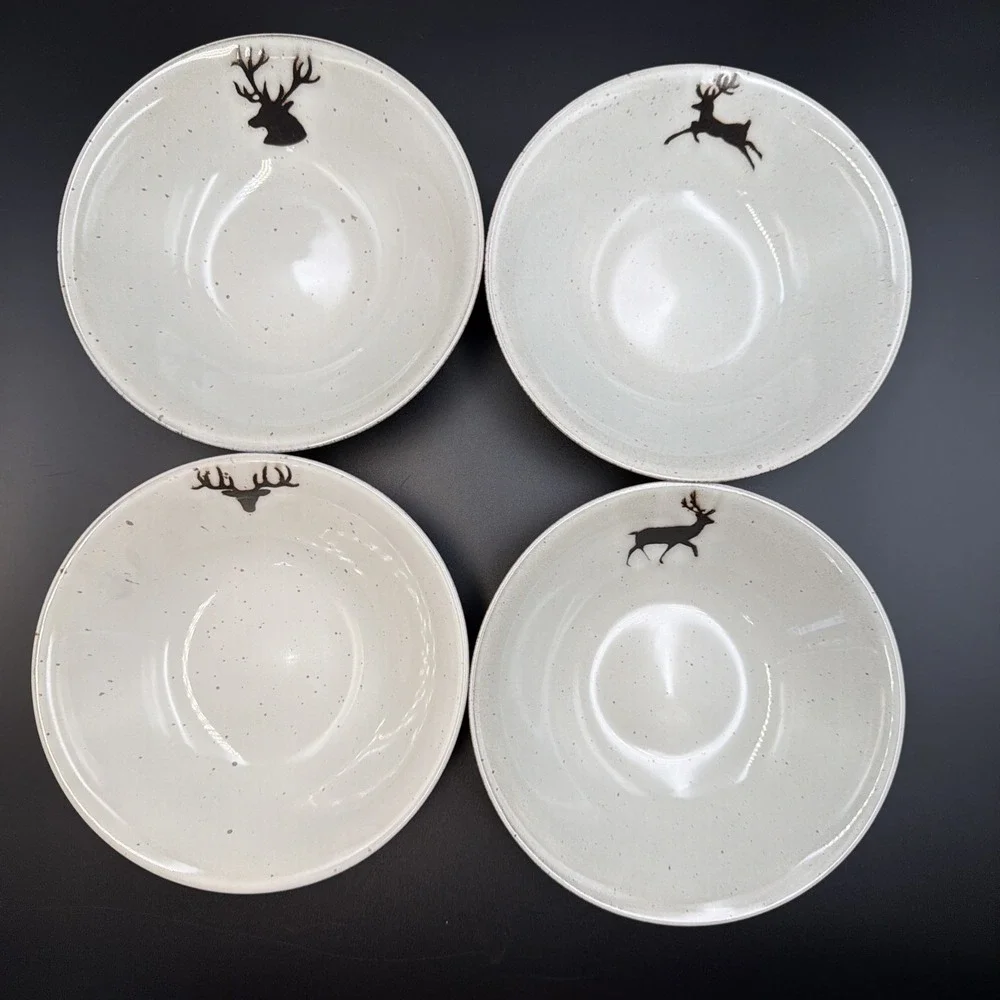 Set/4 Pottery Barn Rustic Forest Bowls Reindeer Deer‎ Stag Christmas Antlers